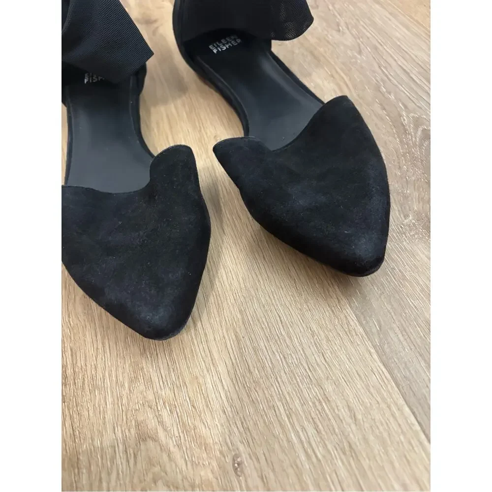 Eileen Fisher Black Allot D'Orsay Almond Toe Zip-Back Suede Flats 8.5